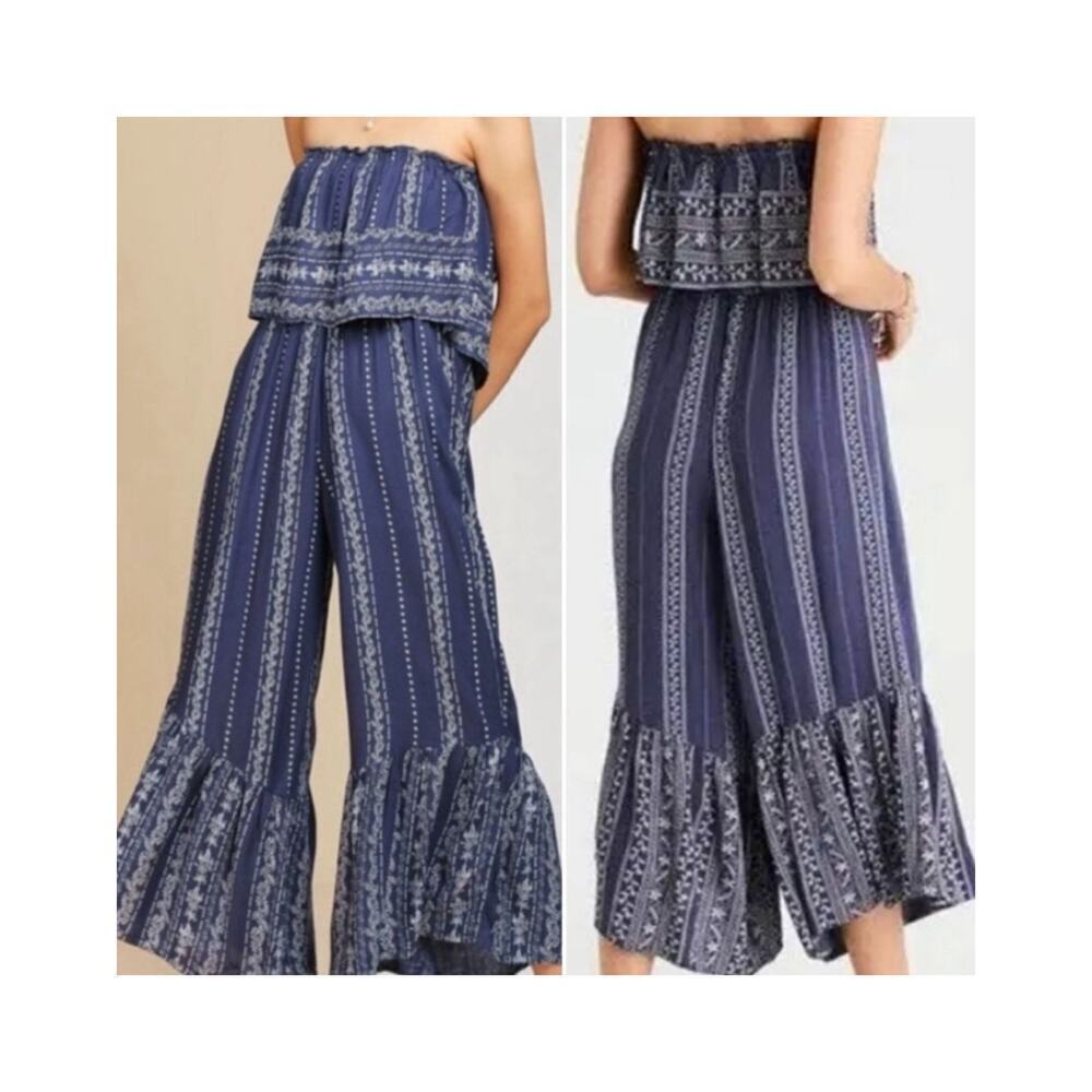 Japna Striped Ruffle Off Shoulder Wide Leg Jumpsuit Size Medium